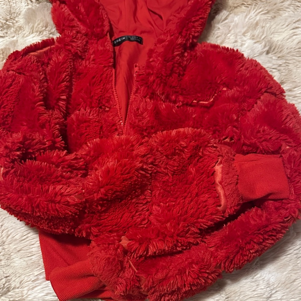 SHEIN Red Fuzzy Puffer Jacket - Picture 2 of 3